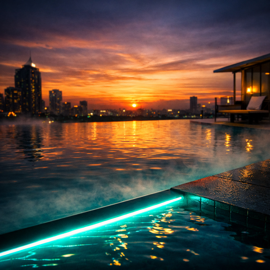 Sunset view from the pool's neon edge