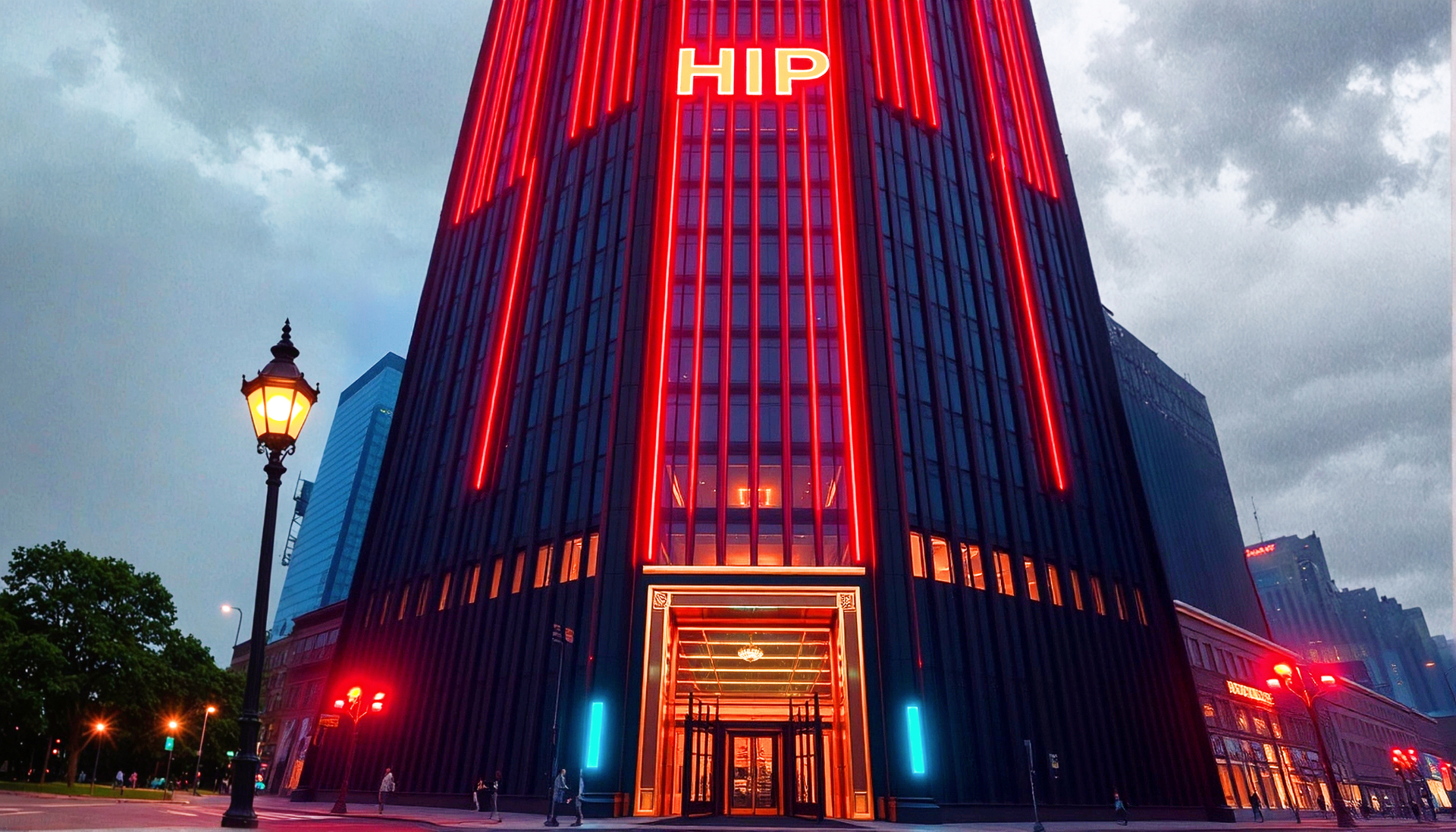 The HIP IP Tower — a neon-lit urban landmark