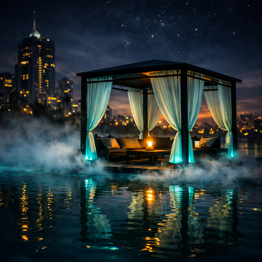 Gazebo pavilion with sheer drapes and candlelight