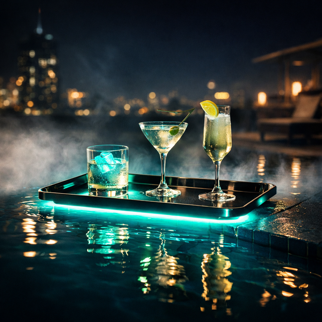Glowing tray with cocktails at the pool's edge