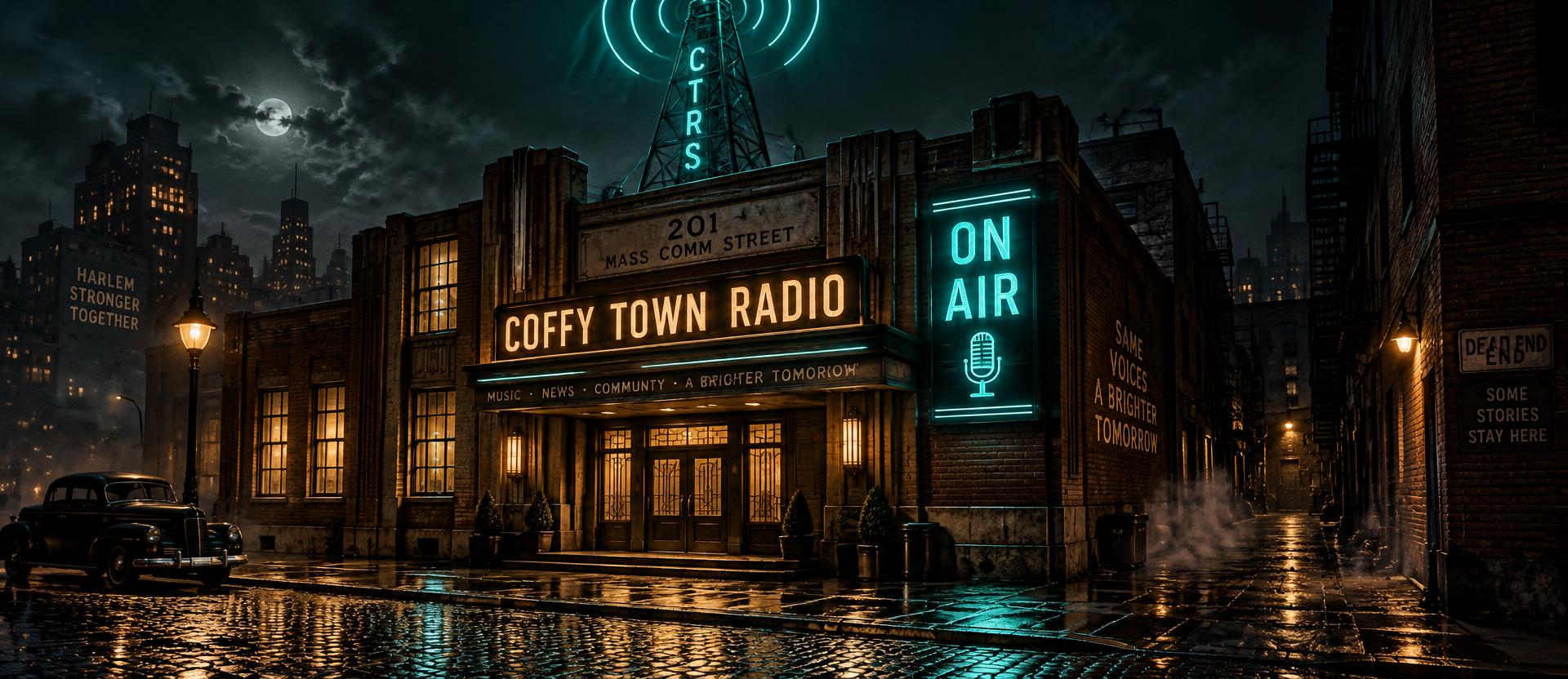 The Coffy Town Radio Station building at 201 Mass Comm Street at night, its antenna and On Air sign glowing teal